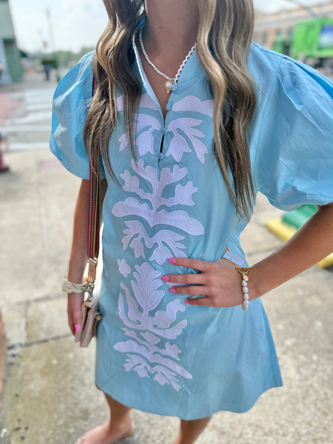 Aqua Baroque Appliqué Design Dress with white lace collar. Available in sizes XS–XL.
