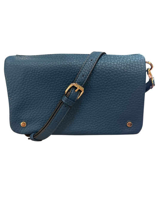 Textured blue leather crossbody with gold buckle, adjustable strap, and two front gold studs. Sizes: small, medium, large.