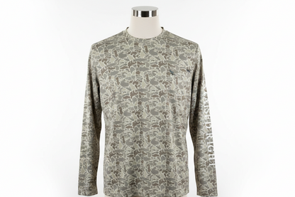 Simply Southern Dri-Fit Long Sleeve Camo Shirt in beige/gray, crew neck, chest pocket. Sizes: S-XXL.