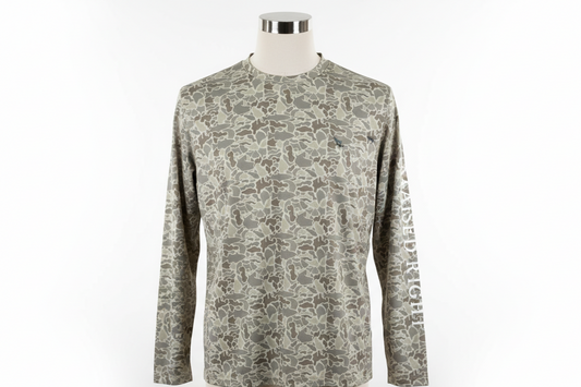 Simply Southern Dri-Fit Long Sleeve Camo Shirt in beige/gray, crew neck, chest pocket. Sizes: S-XXL.