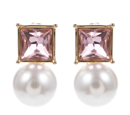 Gold stud earrings with square-cut pale purple stones and round white pearls. Available sizes: small, medium, large.