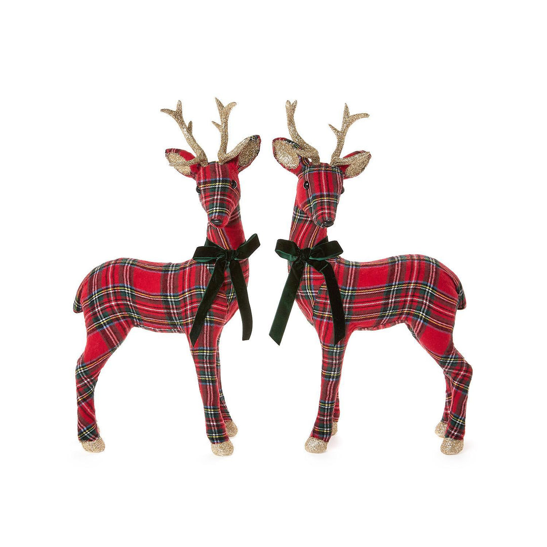 Two tartan reindeer ornaments with glittery gold antlers, hooves, and green ribbon accents.