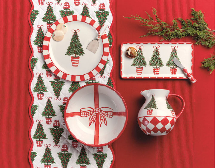 Holly Tray and Spreader: a rectangular hand-painted ceramic tray with three Christmas trees and a matching patterned metal spreader.