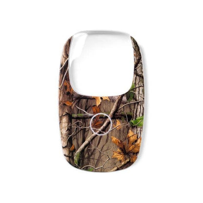 Camouflage-patterned phone faceplate cover with tree bark, branches, green leaves, and brown autumn leaves; available in multiple sizes.