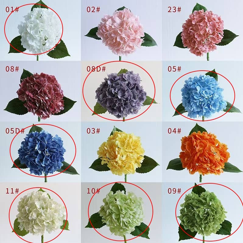 Twelve 12.5" Real Touch hydrangea flowers with 6” soft pink blooms, each labeled with a code for selection.