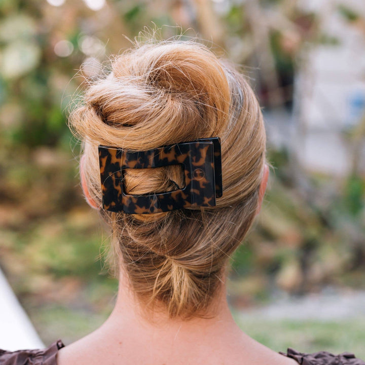 Flat Rectangle Hair Clip in tortoiseshell, large size; also available in other sizes. Classic rectangular design.