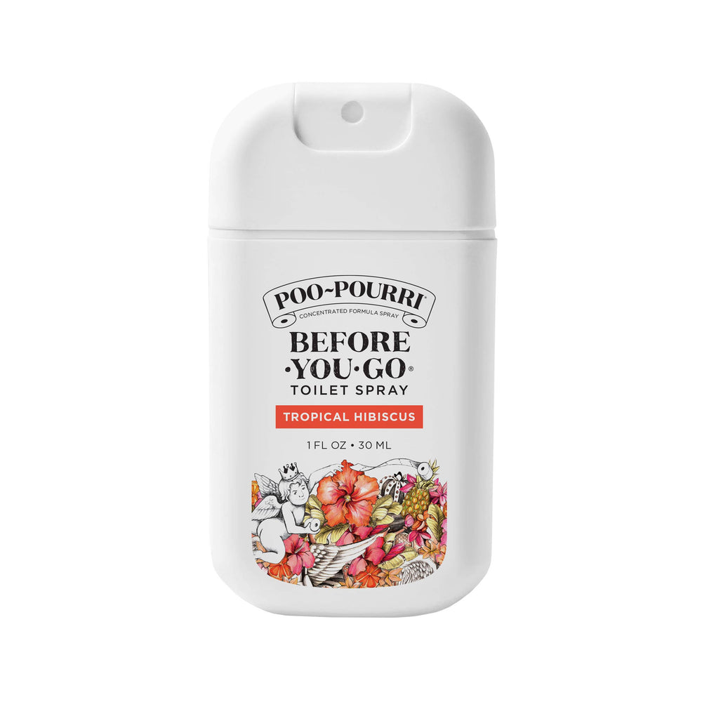 White 1oz Poo~Pourri Pocket Sprayer, Tropical Hibiscus scent, with pouch and floral label. Available in 1oz size.