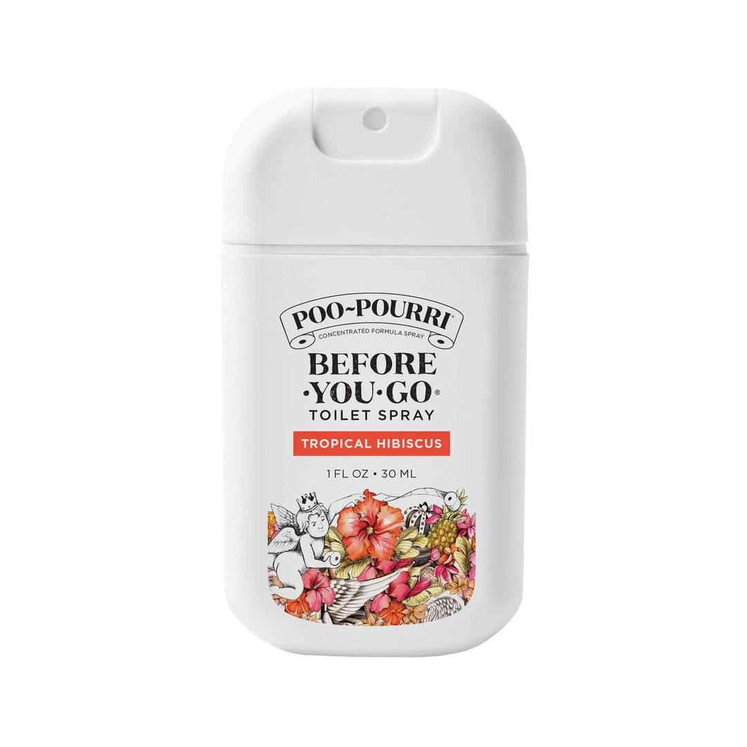 White 1oz Poo~Pourri Pocket Sprayer, Tropical Hibiscus scent, with pouch and floral label. Available in 1oz size.