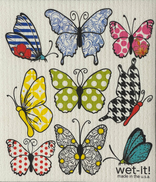 The Lively Butterflies Swedish Cloth has nine patterned butterflies. "wet-it! made in the U.S.A." at bottom right. Sizes: standard.