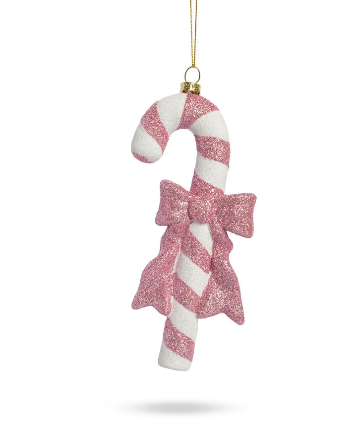 Pink and white glittery Candy Cane Lane ornament with a matching pink glittery bow.