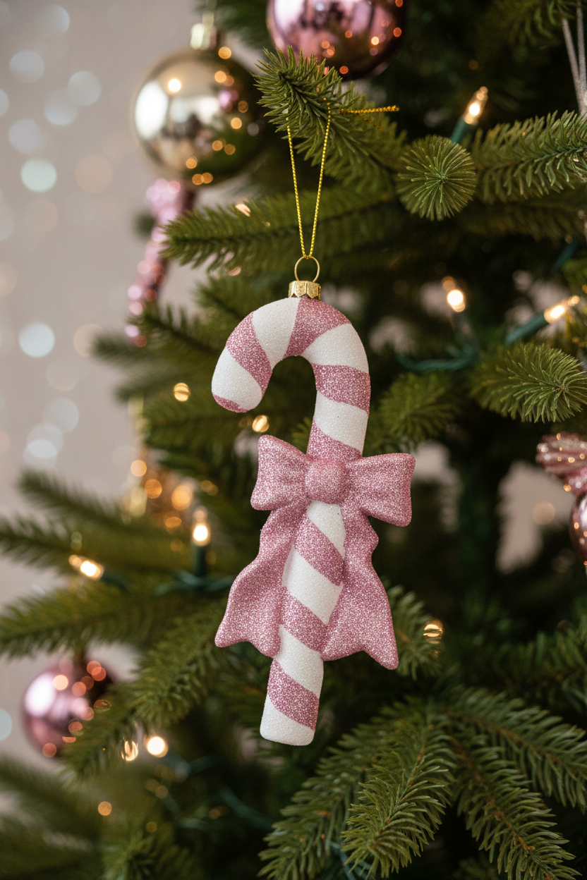 Glittery pink and white striped Candy Cane Lane ornament with a pink bow.