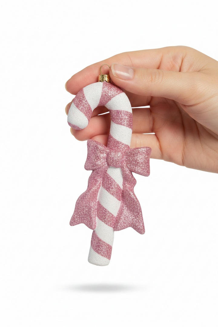 Glittery pink and white striped Candy Cane Lane ornament with a matching bow.