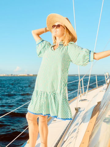 Naomi Dress: Green and white stripes, 3/4 sleeves. Sizes available: XS, S, M, L, XL.