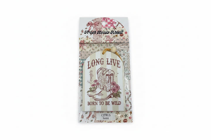 SIMPLY SOUTHERN FRESH ROADS AHEAD air freshener with cowboy boots, pink flowers, citrus scent. Sizes: not specified.