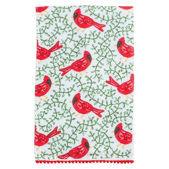 Cardinal Hand Towel with red cardinals, green vines, and red pom-pom trim.