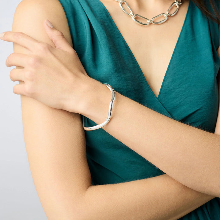 Julie Vos Wave Bangle in Silver, Medium size shown; available in S, M, L. Simple wave design with polished finish.