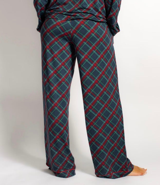 Women’s Layton Plaid Sleep Pants in dark blue, red, and green; available in multiple sizes.