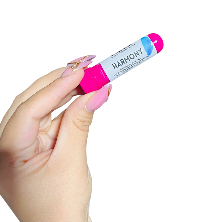 Harmony Inhaler with bright pink cap and "HARMONY" label for heartbreak support, available in standard and mini sizes.