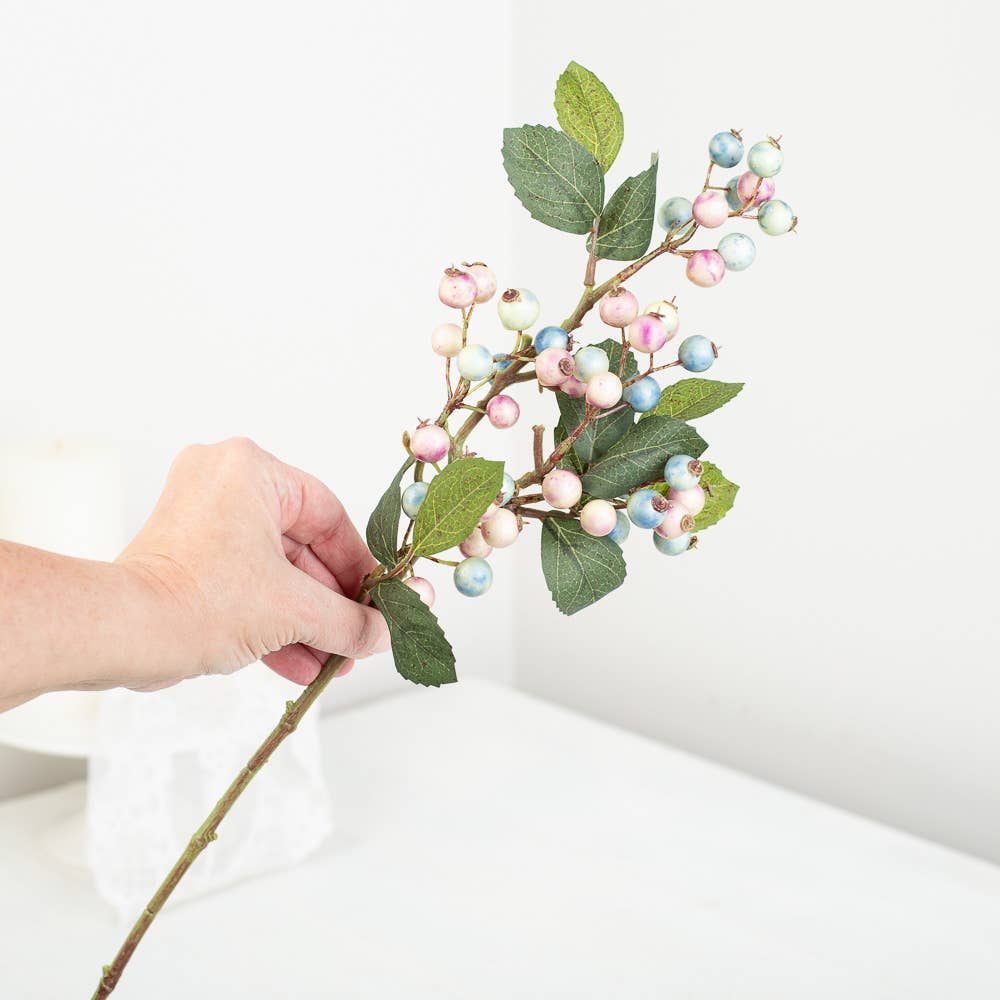 19″ Artificial Spring Mix Plump Pastel Berries Stem with green leaves and clusters of small, round pastel-colored berries.