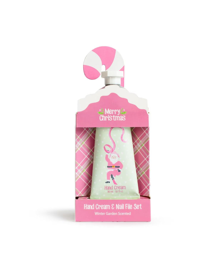 Wrapped in Ribbons Hand Cream &amp; Nail File Set | Winter Garden: 30 ml moisturizing hand cream with a pink Santa Claus illustration, packaged with a nail file.