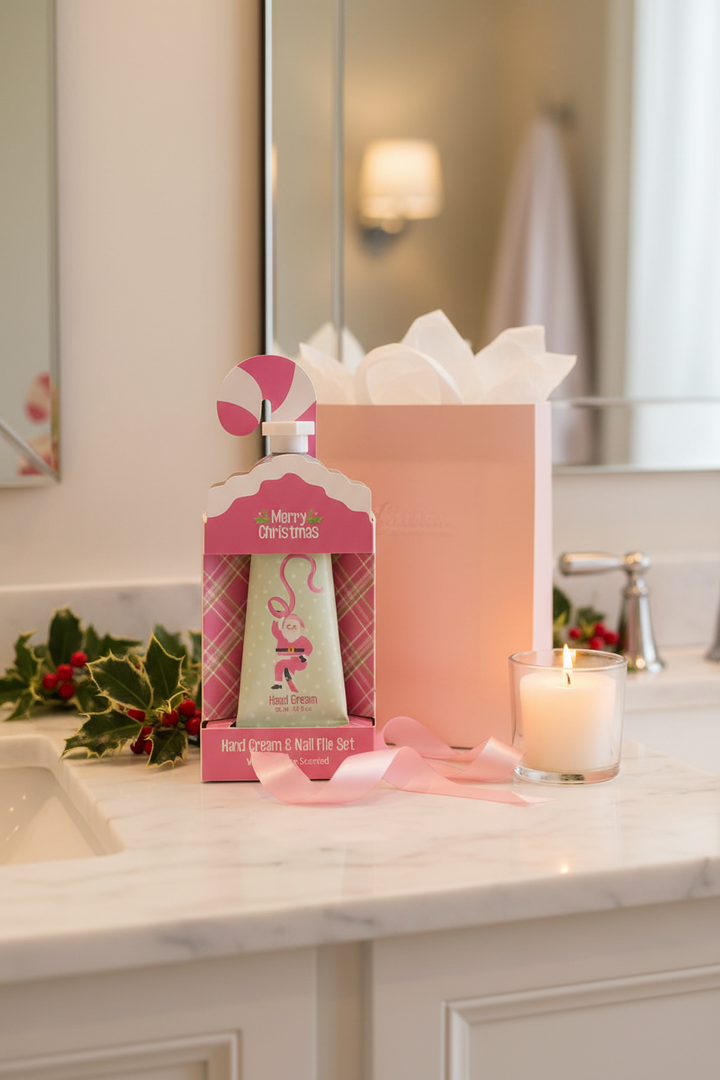 Wrapped in Ribbons Hand Cream &amp; Nail File Set, Winter Garden scent, in a pink Santa Claus gift box.