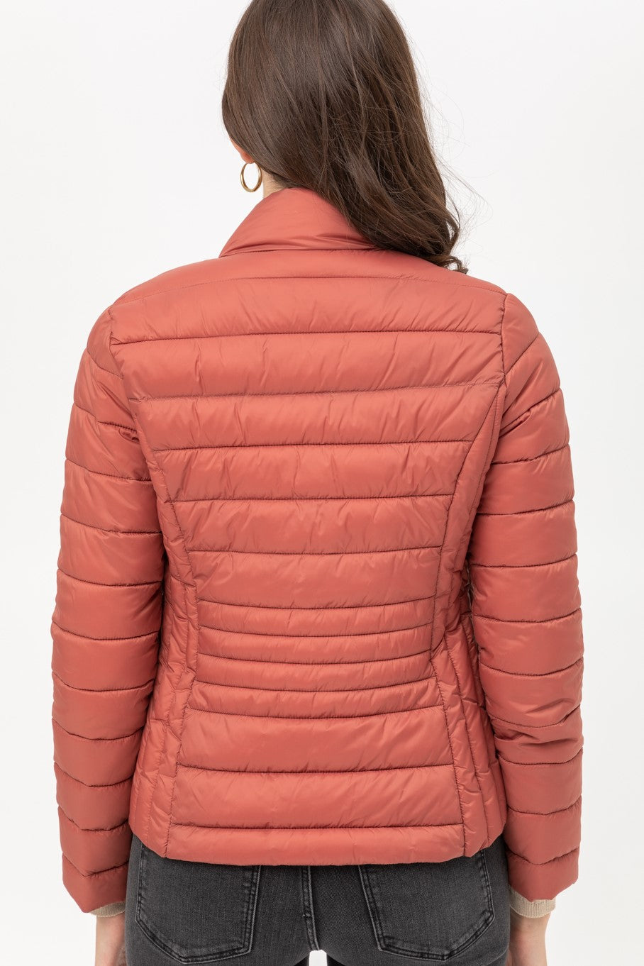 Ultra Lightweight Padded Thermal Zip Up Jacket in rust color. Available sizes: S, M, L, XL.