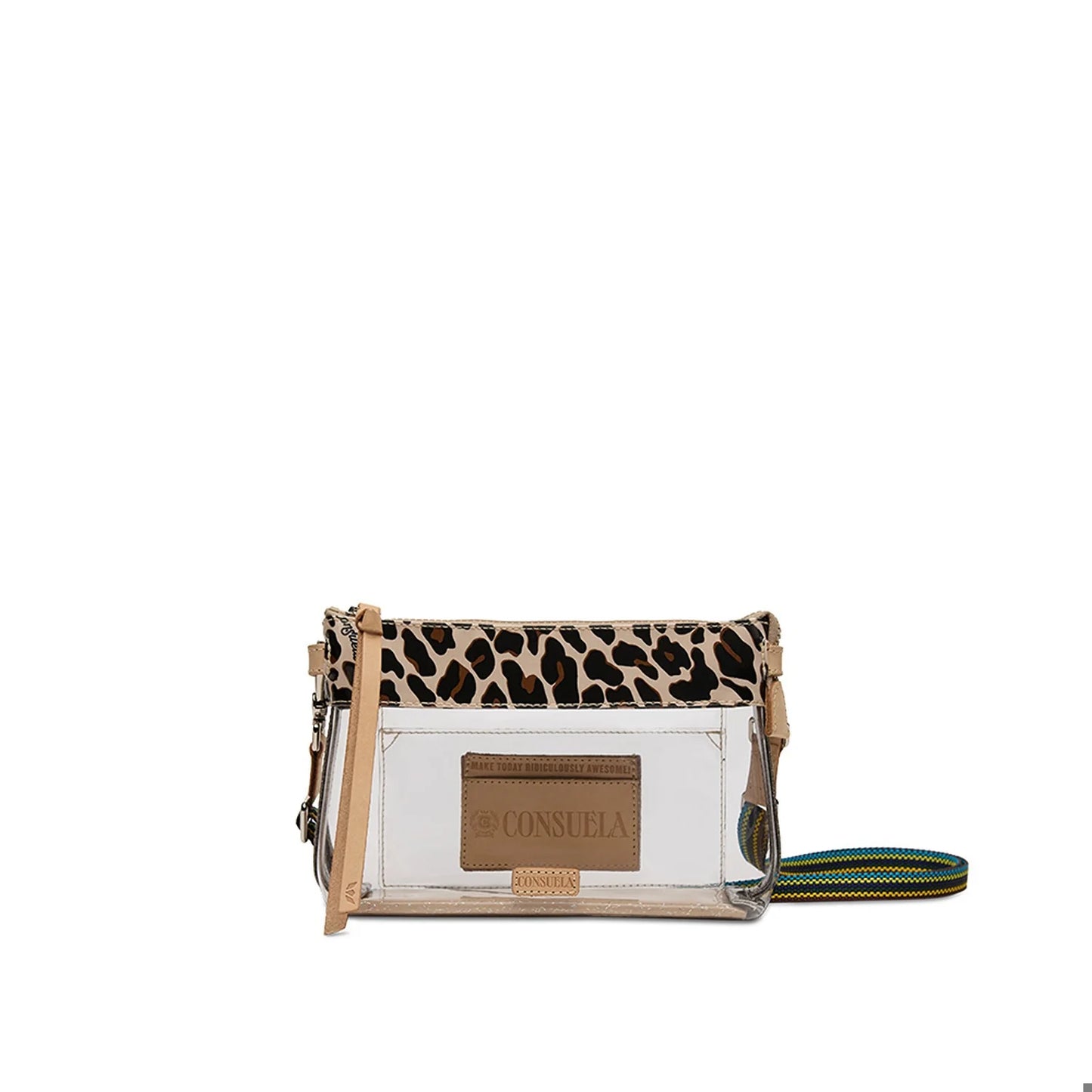 Small, stadium-approved clear crossbody bag with leopard-print trim, beige accents, leather Consuela label, and detachable blue and green striped strap. Available in one size.