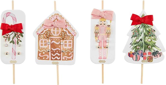 Four Holiday Icon Earring sets on display cards featuring a candy cane, gingerbread house, nutcracker, and Christmas tree, each with a fabric bow.