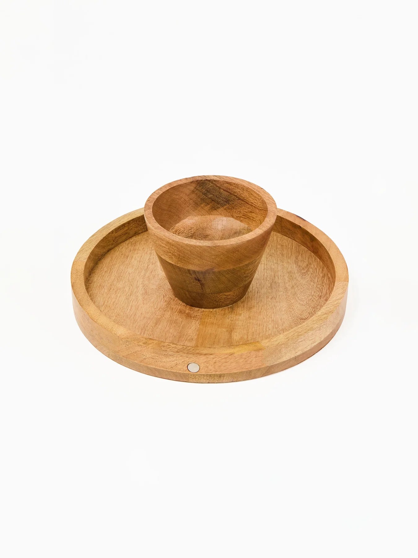 Light-colored wood reversible magnetic cake stand with round shape and central bowl; available in multiple sizes.