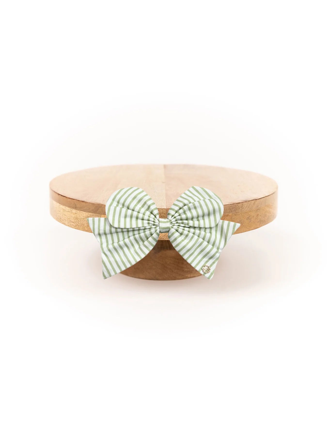 Reversible Magnetic Cake Stand with round wood design, featuring a green and white striped bow. Available in 10" and 12".