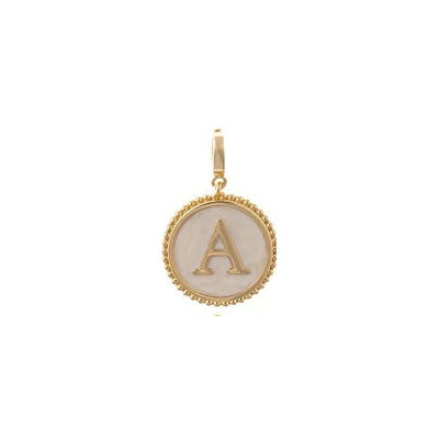 Sophie Clip-On Charm Necklace Bar: 18K gold-plated round charm with beaded edge, white inlay, and gold letter A. Available in multiple sizes.