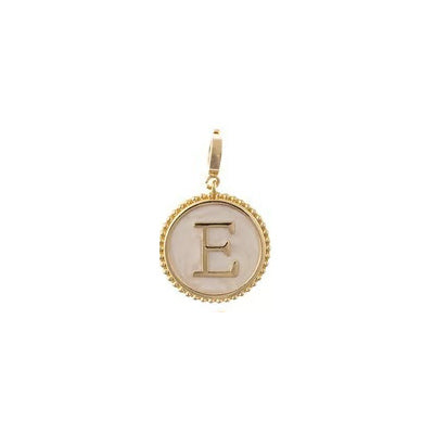 Sophie Clip-On Charm Necklace Bar: 18K gold-plated circular charm with white inlay and letter E.