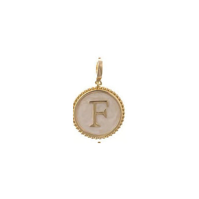 Round 18K gold-plated charm with cream inlaid letter F.