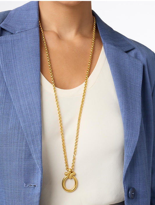 Nassau Pendant Gold: long golden rolo chain with large burnished gold oval pendant. Available sizes: S, M, L.