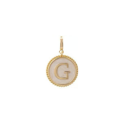 Sophie Clip-On Charm Necklace Bar with an 18K gold-plated, beaded-border round charm and a letter G inlay.