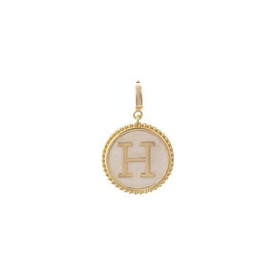 Sophie Clip-On Charm Necklace Bar featuring an 18K gold-plated circular charm with a scalloped edge and a cream-colored H inlay.