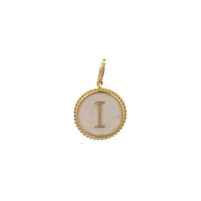 Sophie Clip-On Charm Necklace Bar: 18K gold plated textured round pendant with off-white letter I inlay.
