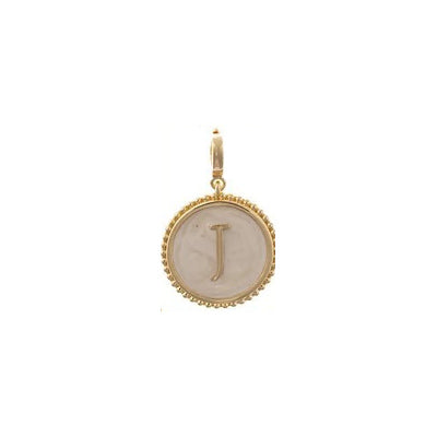 Sophie Clip-On Charm Necklace Bar, 18K gold plated circular charm with beaded border and letter J on white inlay.