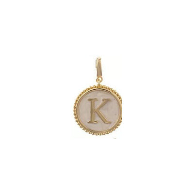 Sophie Clip-On Charm Necklace Bar: 18K gold-plated round charm with textured edge and white inlay letter K.