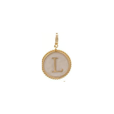 Sophie Clip-On Charm Necklace Bar with an 18K gold plated circular charm, beaded border, and letter “L” on an off-white background.