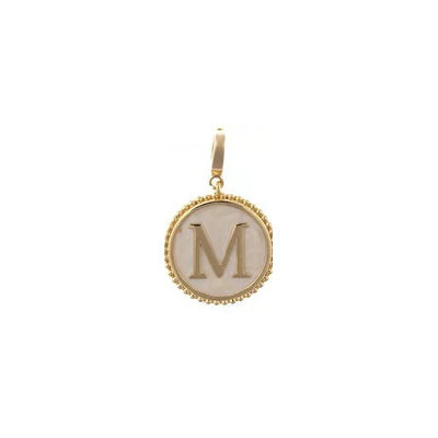 Sophie Clip-On Charm Necklace Bar with a round 18K gold plated pendant featuring the letter M, a light-colored inlay, beaded edge, and lobster clasp.