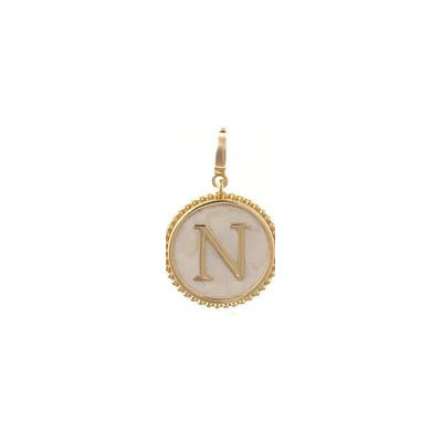 Sophie Clip-On Charm Necklace Bar: 18K gold plated beaded circular charm with an inlaid letter N on a light disc.