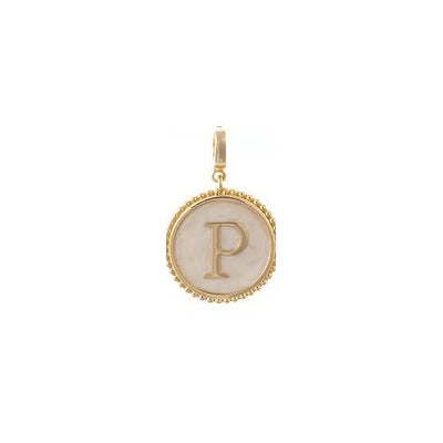 Sophie Clip-On Charm Necklace Bar featuring an 18K gold-plated circular pendant with a beaded edge and an off-white inlay with the letter P.