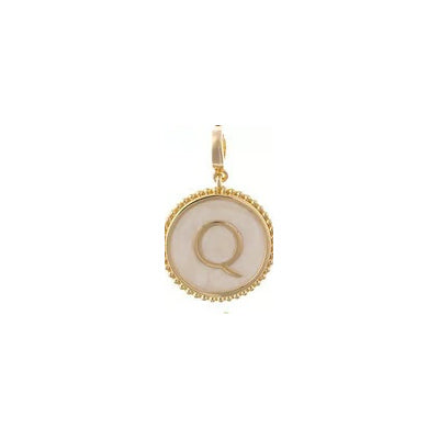 18K gold plated letter Q charm with white inlay and lobster clasp.