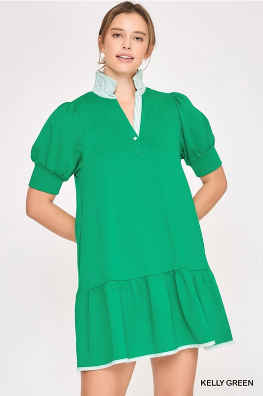 High Ruffle Neck Dress in kelly green with puffed sleeves, striped collar, ruffled hem, side pockets; sizes XS-XL available.