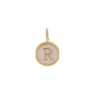 Gold-tone circular charm with letter R, white inlay, and beaded edge. Available in various sizes.
