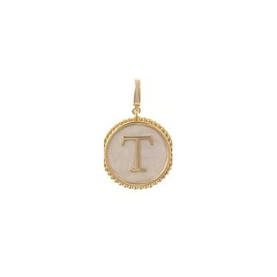 Gold-tone Sophie circular charm with a beaded edge and letter T on a light-colored disc.