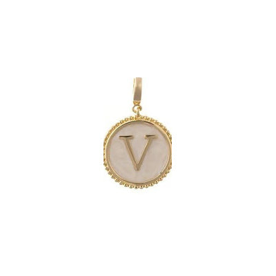 Sophie Clip-On Charm Necklace Bar: 18K gold plated round charm with beaded border and cream-colored letter V inlay.