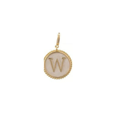 Sophie Clip-On Charm Necklace Bar, 18K gold-plated round pendant with beaded edge and cream-colored letter W inlay.