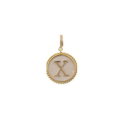 Sophie Clip-On Charm Necklace Bar: 18K gold-plated circular pendant with white letter X inlay and clip-on bail.